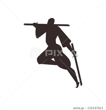 Silhouette of a ninja in a dynamic jump. Vector art. 116187021