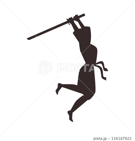 Vector graphics a black silhouette of a ninja swinging a bamboo stick to strike Vector graphics a black silhouette of a ninja swinging a bamboo stick to strike 116187022