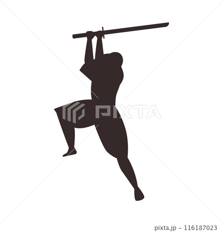 Vector graphics with a black silhouette of a ninja character swinging a katana to strike Vector graphics with a black silhouette of a ninja character swinging a katana to strike 116187023