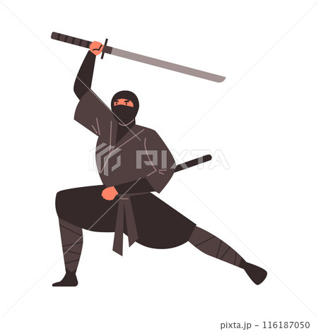 Vector image of a ninja in motion with a weapon on an isolated background. 116187050