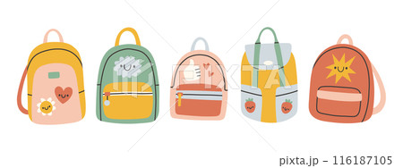 School backpacks and schoolbags set. Collection of various kids bags isolated on white. Different shapes. School backpacks and schoolbags set. Collection of various kids bags isolated on white. Different shapes. 116187105