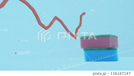 Image of financial data processing over kitchen sponges on blue background 116187147
