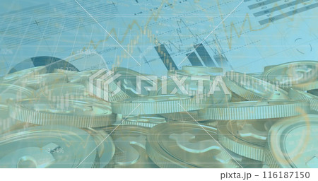 Image of financial data processing over money on blue background 116187150