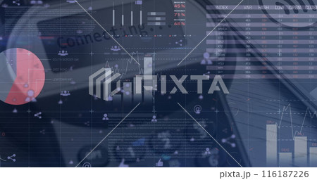 Image of financial data processing over caucasian man using computer 116187226