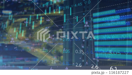 Image of connections with tech icons over diverse financial data and payment terminal Image of connections with tech icons over diverse financial data and payment terminal 116187227
