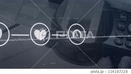 Image of connections with tech icons over diverse financial data and payment terminal Image of connections with tech icons over diverse financial data and payment terminal 116187228
