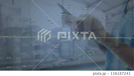 Image of globe with data processing over biracial female doctor Image of globe with data processing over biracial female doctor 116187241