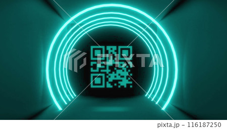 Image of flickering qr code over circle neon lights 116187250