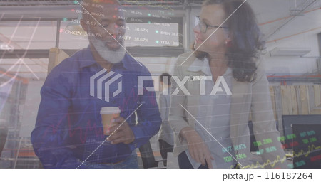 Image of financial data processing and statistics over diverse business people 116187264