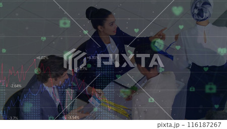 Image of network of connections with icons over diverse business people 116187267