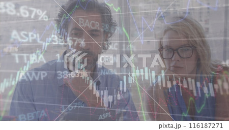 Image of financial data processing with statistics over diverse business people Image of financial data processing with statistics over diverse business people 116187271