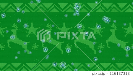 Image of snowflakes over stars and reindeers design and abstract pattern on green background 116187318