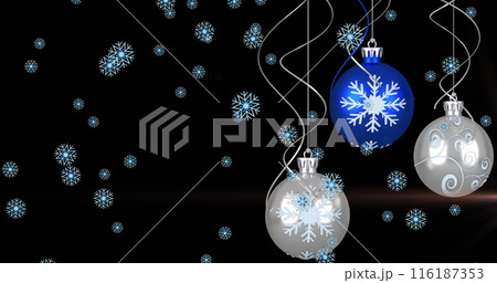 Image of snow flakes falling over hanging bauble decorations and light spot on black background Image of snow flakes falling over hanging bauble decorations and light spot on black background 116187353