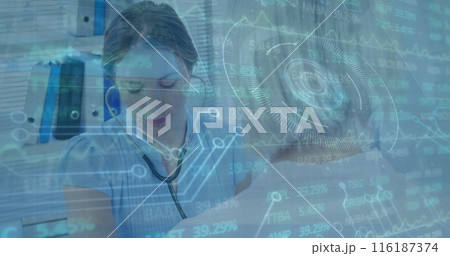 Image of financial data processing and scope scanning over diverse doctor and patient Image of financial data processing and scope scanning over diverse doctor and patient 116187374