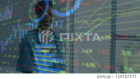 Image of financial data processing over african american female doctor Image of financial data processing over african american female doctor 116187375