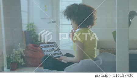 Image of financial data processing over businesswoman using laptop Image of financial data processing over businesswoman using laptop 116187430