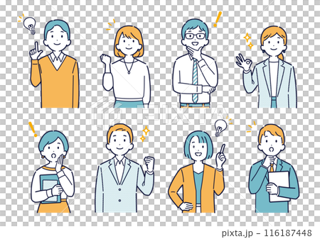 上を向いて明るい表情をするビジネスパーソンのイラストセット_上半身 上を向いて明るい表情をするビジネスパーソンのイラストセット_上半身 116187448