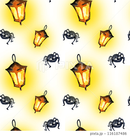 watercolor seamless pattern of Halloween theme with old flashlight, cute funny spider, hand drawn cartoon illustration of October event on white background, for postcard, greeting card 116187486