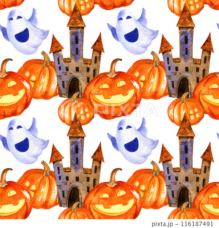 watercolor seamless pattern of Halloween theme with tower, cute cartoon pumpkins, funny ghosts, hand drawn illustration of October event isolated on white background, for postcard, greeting card 116187491