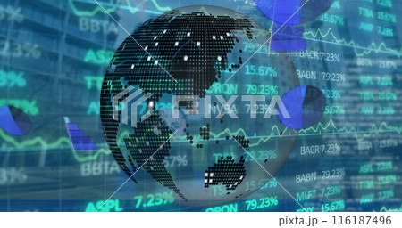 Image of stock market data processing over spinning globe against city street Image of stock market data processing over spinning globe against city street 116187496