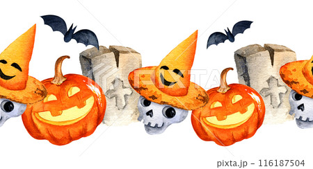 watercolor seamless border of Halloween theme with headstone, funny skull in an orange hat, smiling pumpkin, bats, hand drawn cartoon illustration of October event, party decoration 116187504