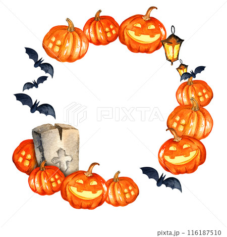 watercolor wreath of Halloween theme with headstone, funny orange pumpkin, smiling pumpkin, bats, hand drawn cartoon illustration of October event, party decoration watercolor wreath of Halloween theme with headstone, funny orange pumpkin, smiling pumpkin, bats, hand drawn cartoon illustration of October event, party decoration 116187510
