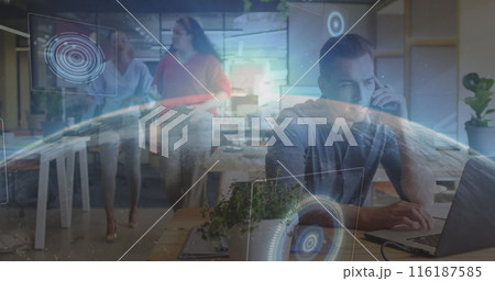 Image of globe and scope scanning over diverse business people working at office Image of globe and scope scanning over diverse business people working at office 116187585