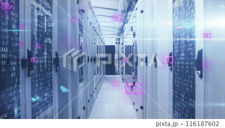 Image of multiple 6g text against mosaic squares over computer server room 116187602