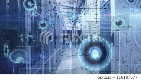 Image of round scanners, data processing and mathematical equations against computer server room Image of round scanners, data processing and mathematical equations against computer server room 116187677