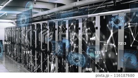 Image of changing numbers, round scanner and network of connections against server room Image of changing numbers, round scanner and network of connections against server room 116187680