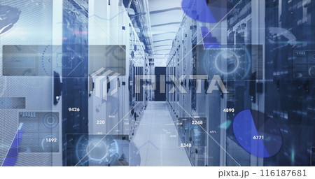 Image of changing numbers, round scanners and data processing against server room Image of changing numbers, round scanners and data processing against server room 116187681