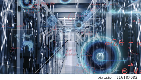 Image of round scanners and data processing against network of connections over server room Image of round scanners and data processing against network of connections over server room 116187682