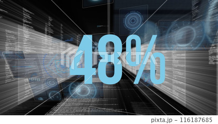 Image of increasing numbers from 0 to 59 and percentile sign over radars, computer language Image of increasing numbers from 0 to 59 and percentile sign over radars, computer language 116187685