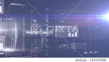 Image of interface with data processing against light spot on blue background Image of interface with data processing against light spot on blue background 116187690