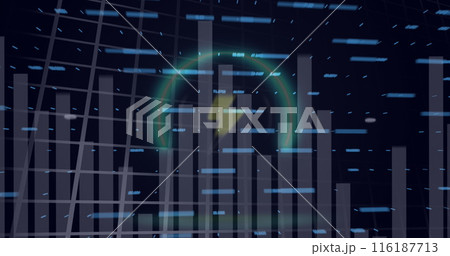 Image of financial and statistical data processing over thunderbolt icon on black background 116187713