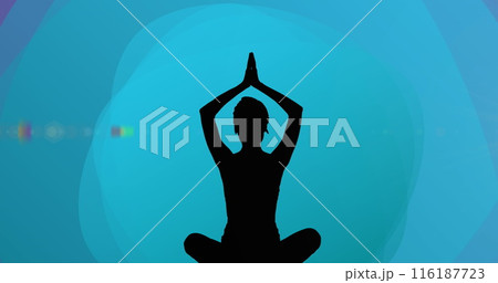 Image of silhouette of a woman in yoga pose over gradient blue banner against purple background 116187723
