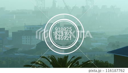 Image of data processing over round scanner against aerial view of cityscape 116187762