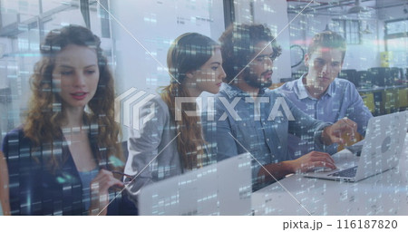 Image of screens with mosaic squares over diverse colleagues discussing over a laptop at office 116187820