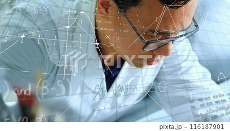Image of scientific data processing over asian male scientist Image of scientific data processing over asian male scientist 116187901