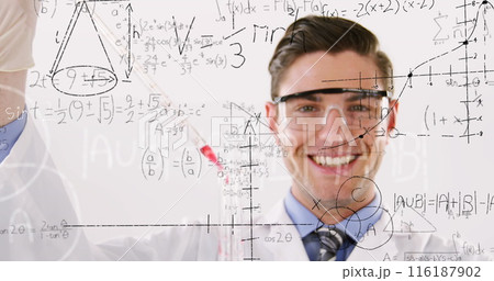 Image of scientific data processing over caucasian male scientist Image of scientific data processing over caucasian male scientist 116187902