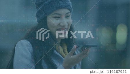 Image of data processing over happy asian businesswoman using smartphone Image of data processing over happy asian businesswoman using smartphone 116187931