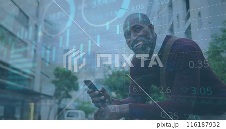 Image of data processing over african american businessman using smartphone Image of data processing over african american businessman using smartphone 116187932
