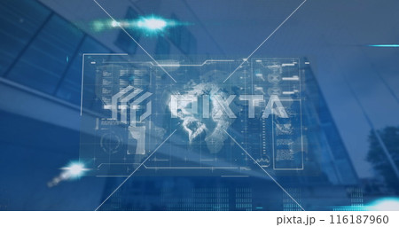 Image of computer language over globe, loading bars, circles against low angle view of building 116187960