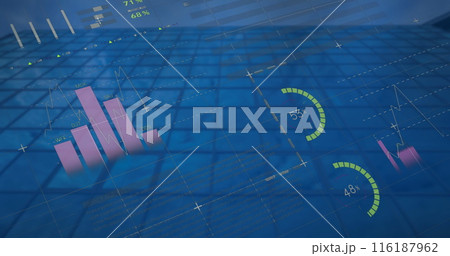 Image of multicolored infographic interface over low angle view of glass building 116187962