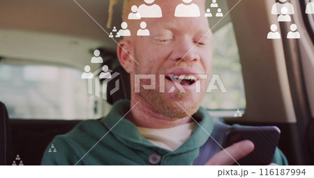 Image of people icons and data processing over african american albino man using smartphone Image of people icons and data processing over african american albino man using smartphone 116187994