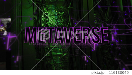 Image of metaverse text and network of connections over server room 116188049