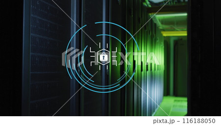 Image of padlock icon and circles over server room 116188050