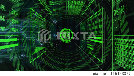 Image of interface with data processing against tunnel in seamless pattern on black background Image of interface with data processing against tunnel in seamless pattern on black background 116188077