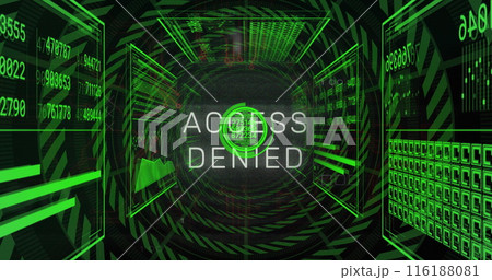 Image of access denied text, changing numbers in circles, loading bars against black background 116188081