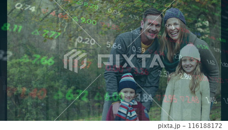 Caucasian family of four smiling outdoors, with stock market numbers overlaying image 116188172